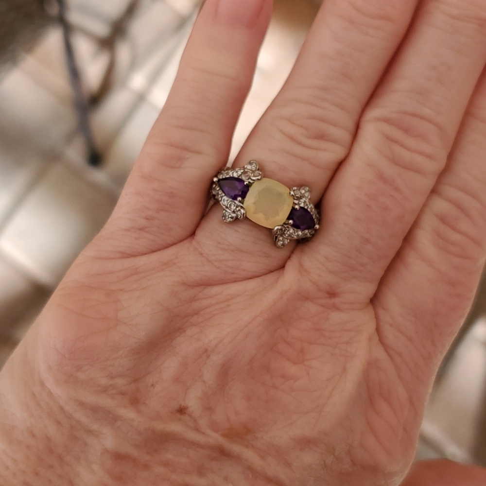 Ethiopian Opal/Amethyst ring Set In 925 Sterling Silver